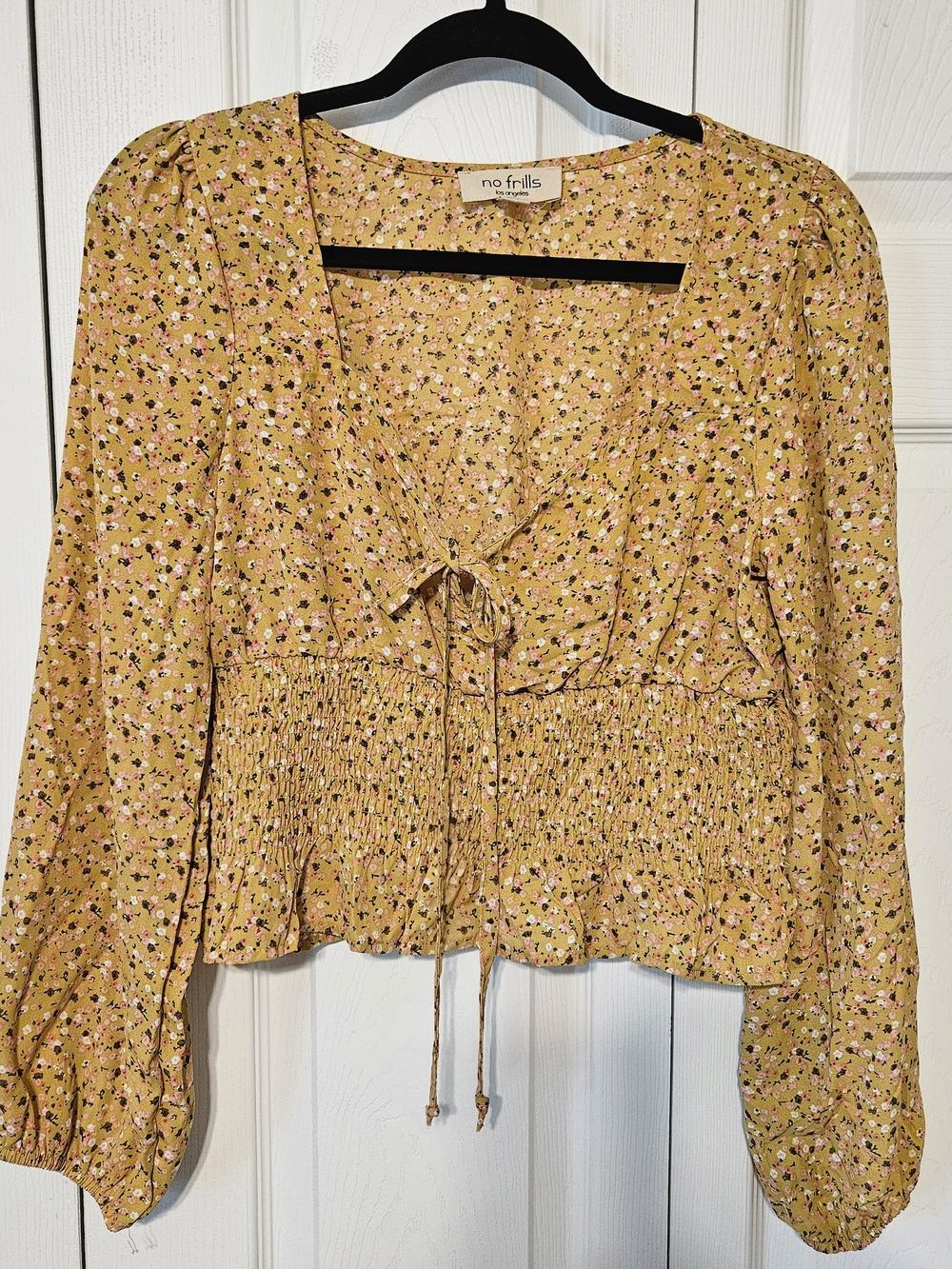 No Frills Women's Mustard Floral Smocked Peasant Crop Top